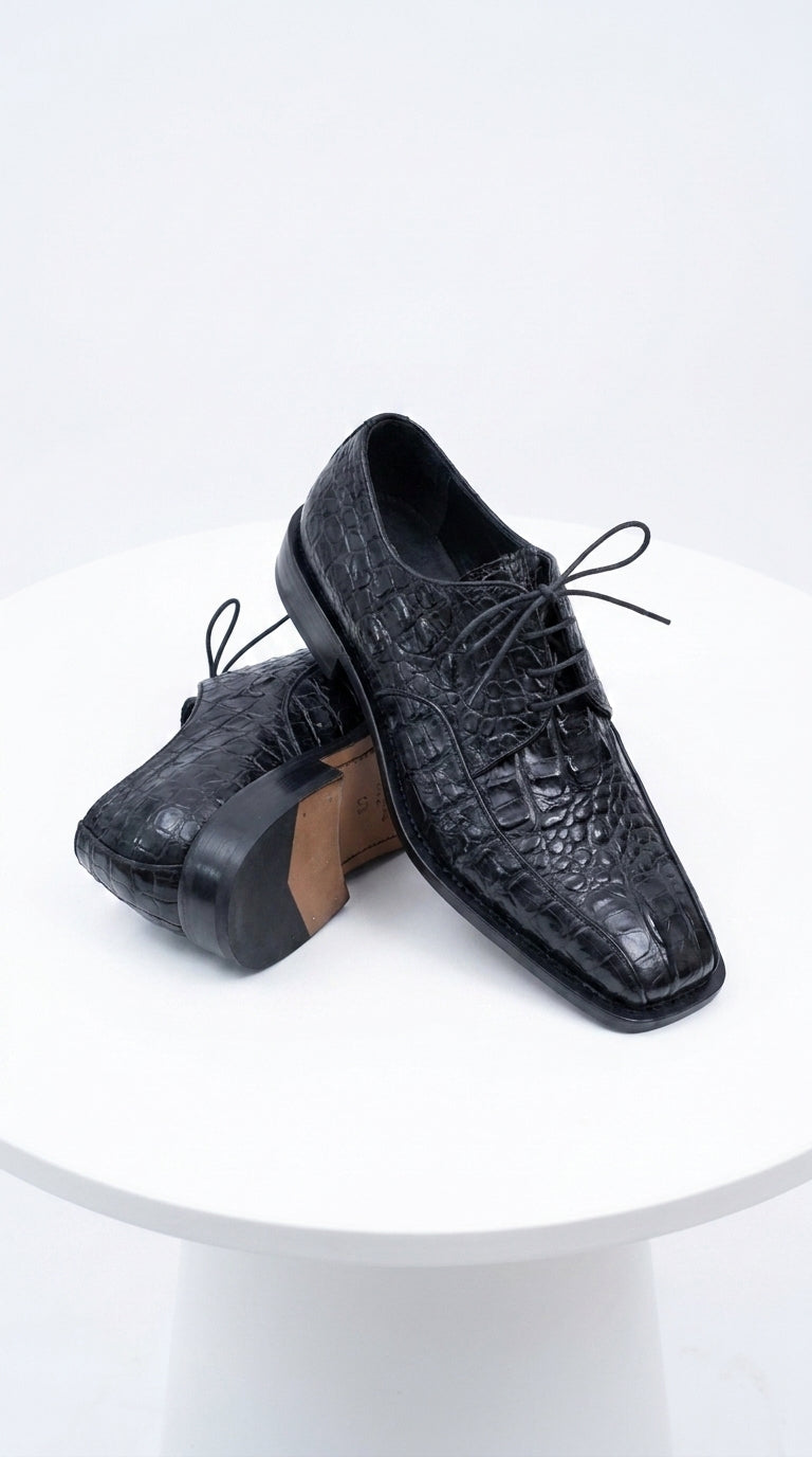 Los Altos Men’s Black Gator Belly Dress Shoes, Exotic Lace-Up Formal Shoes
