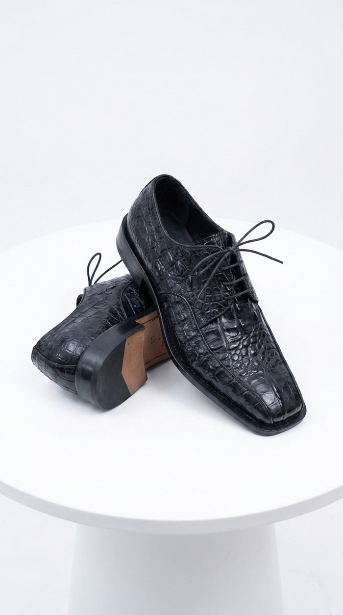 Los Altos Men’s Black Gator Belly Dress Shoes, Exotic Lace-Up Formal Shoes