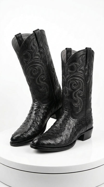 Los Altos Men’s Black Full Quill Ostrich Boots, Round Toe Exotic Western Cowboy Dress Boots
