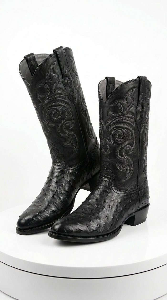 Los Altos Men’s Black Full Quill Ostrich Boots, Round Toe Exotic Western Cowboy Dress Boots