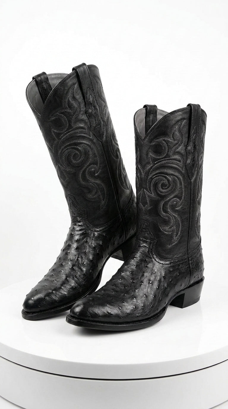 Los Altos Men’s Black Full Quill Ostrich Boots, Round Toe Exotic Western Cowboy Dress Boots