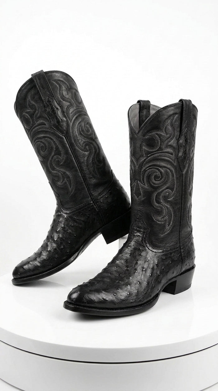 Los Altos Men’s Black Full Quill Ostrich Boots, Round Toe Exotic Western Cowboy Dress Boots