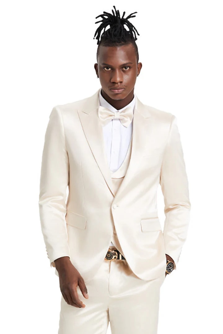 One Button Vested Satin Sharkskin Suit, Champagne