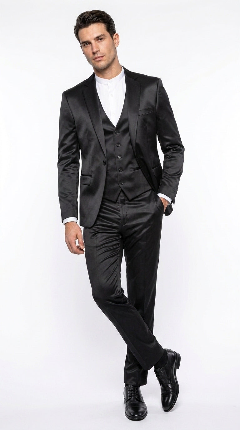 Men’s Black Satin 3 Piece Suit, Formal Wedding Prom Dress Suit with Vest