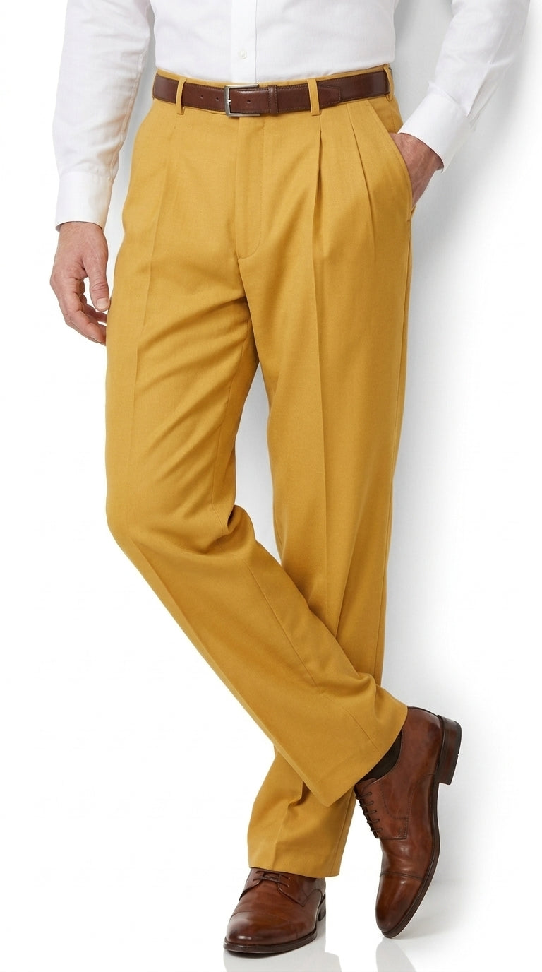 Men’s Gold Pleated Dress Pants, Formal Slacks for Church, Wedding and Special Events