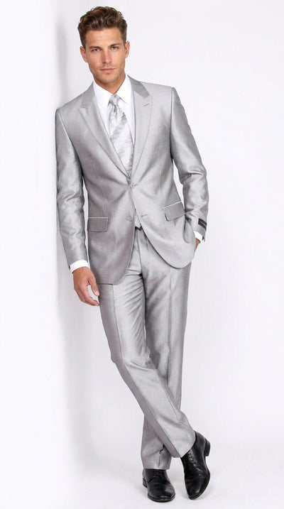 Men’s Silver 2 Button Sharkskin Suit, Shiny Formal Wedding Prom Business Dress Suit
