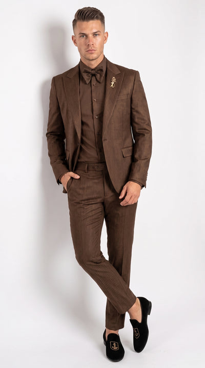 Rossiman Men’s Brown Metallic Pinstripe 4 Piece Suit, Satin Charmeuse Shirt and Tie Set