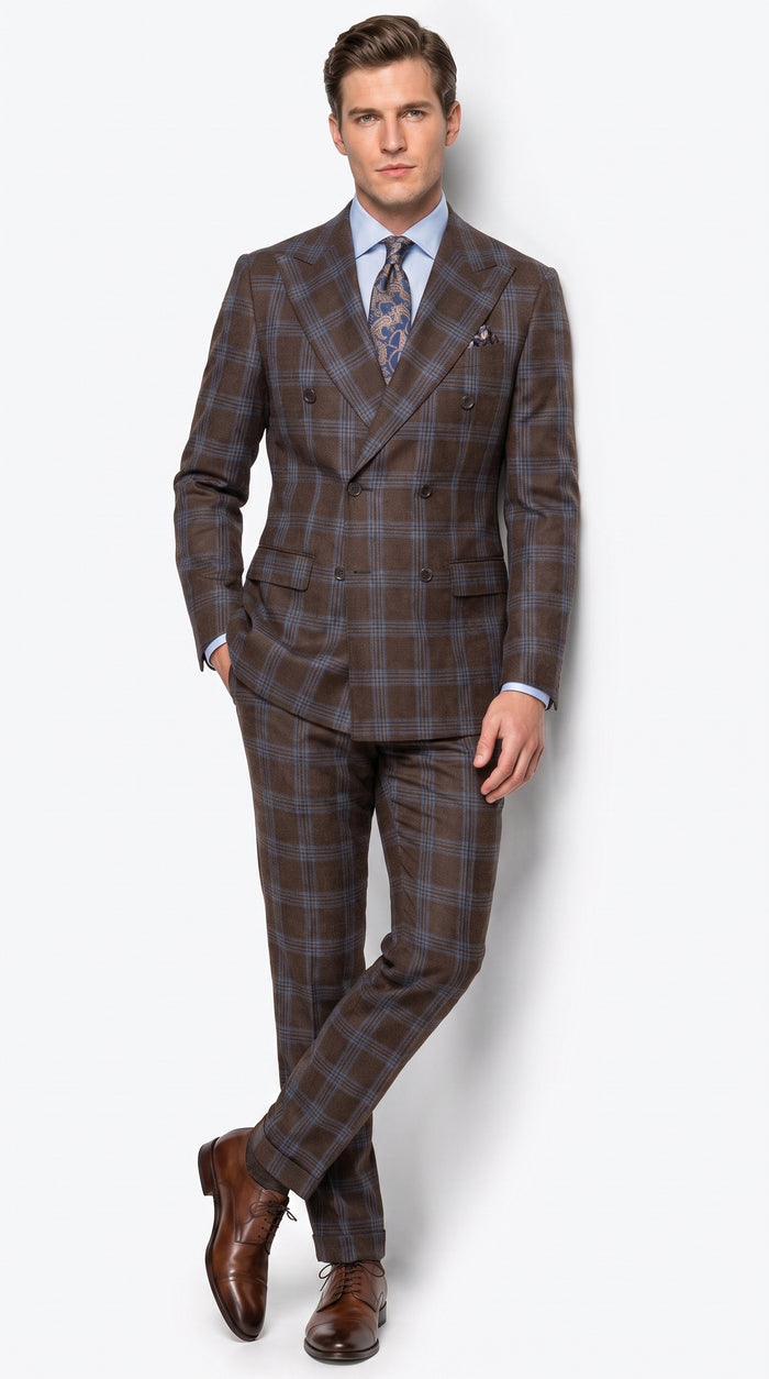 Statement Men’s Brown Plaid Double Breasted Suit, 2 Piece 100% Wool Modern Fit Dress Suit