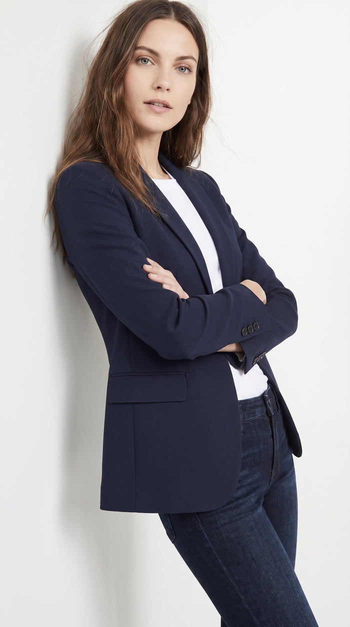 Two Button Solid Pattern Navy Women Blazer