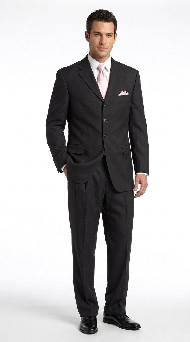 Men’s Black 4 Button Classic Fit Suit, Double Pleated Fully Lined Formal Wedding Business Suit