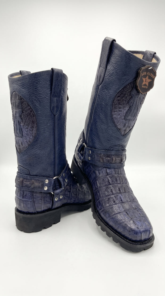 Men’s Los Altos Navy Blue Caiman Tail Skin Biker Boots – Exotic Leather Western Motorcycle Boots