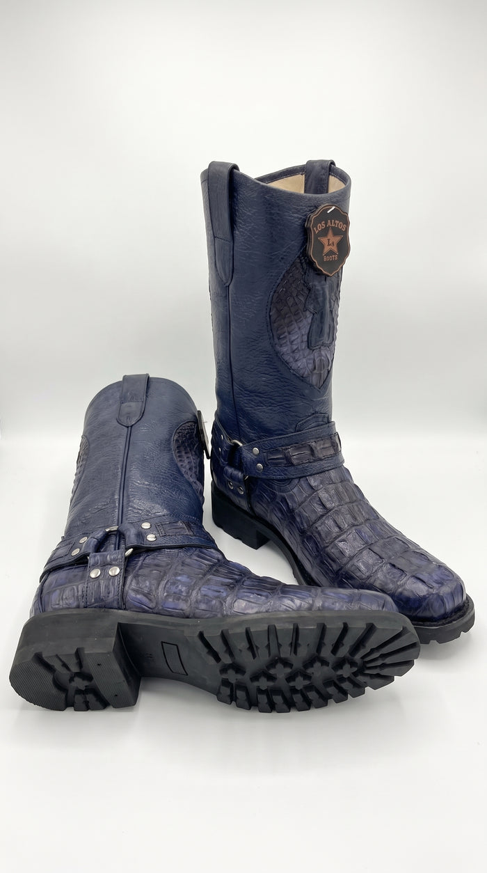 Men’s Los Altos Navy Blue Caiman Tail Skin Biker Boots – Exotic Leather Western Motorcycle Boots