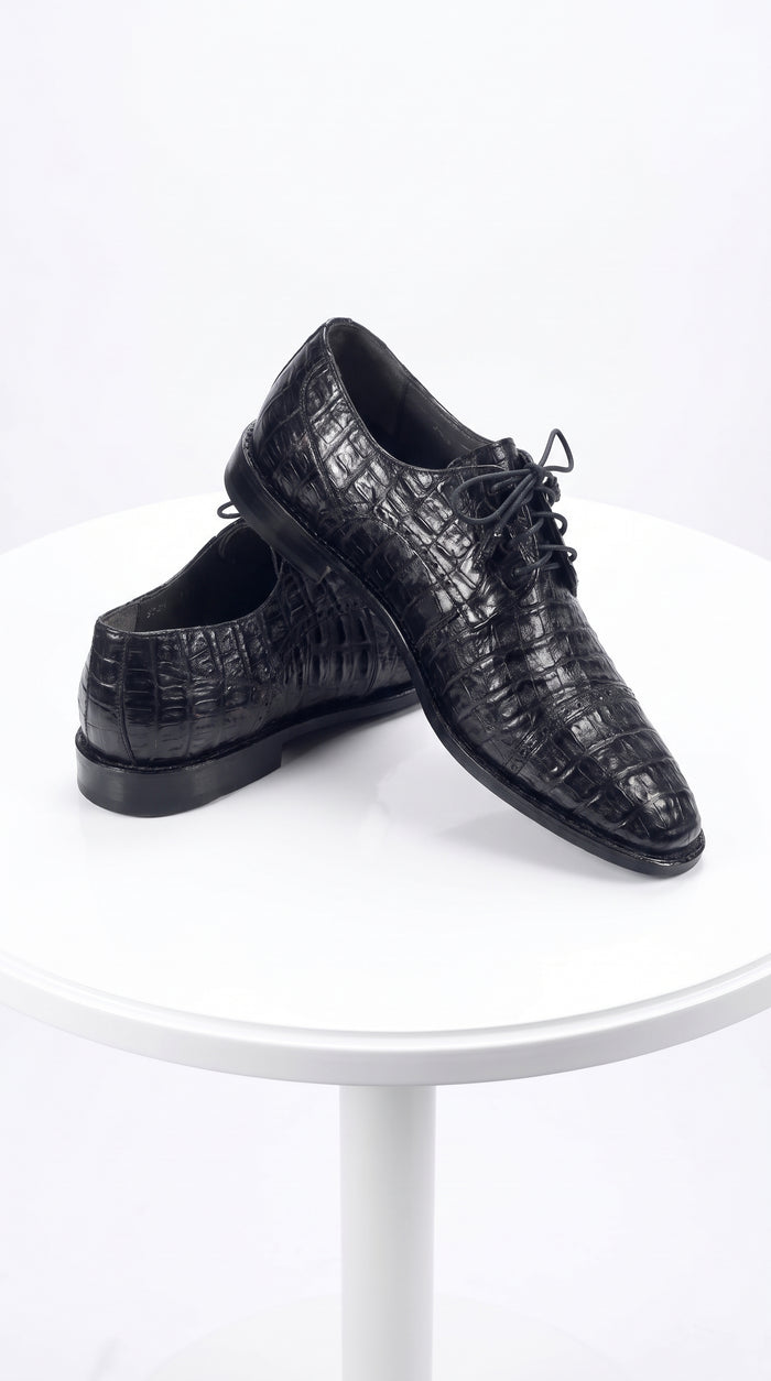 Los Altos Men’s Black Caiman Crocodile Oxford Shoes, Exotic Lace-Up Formal Dress Shoes