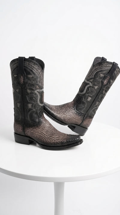 Men’s Grey Shark Skin European Toe Cowboy Boots, Exotic Western Dress Boots