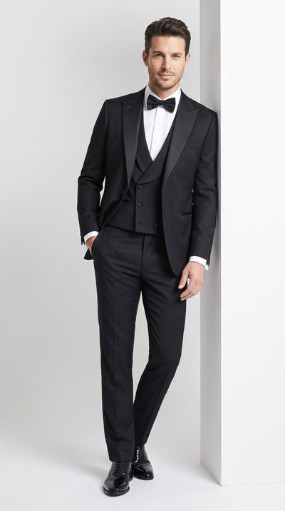Men’s Black Peak Lapel Wool Tuxedo, Super 150s 3 Piece Formal Suit with Double Breasted Vest