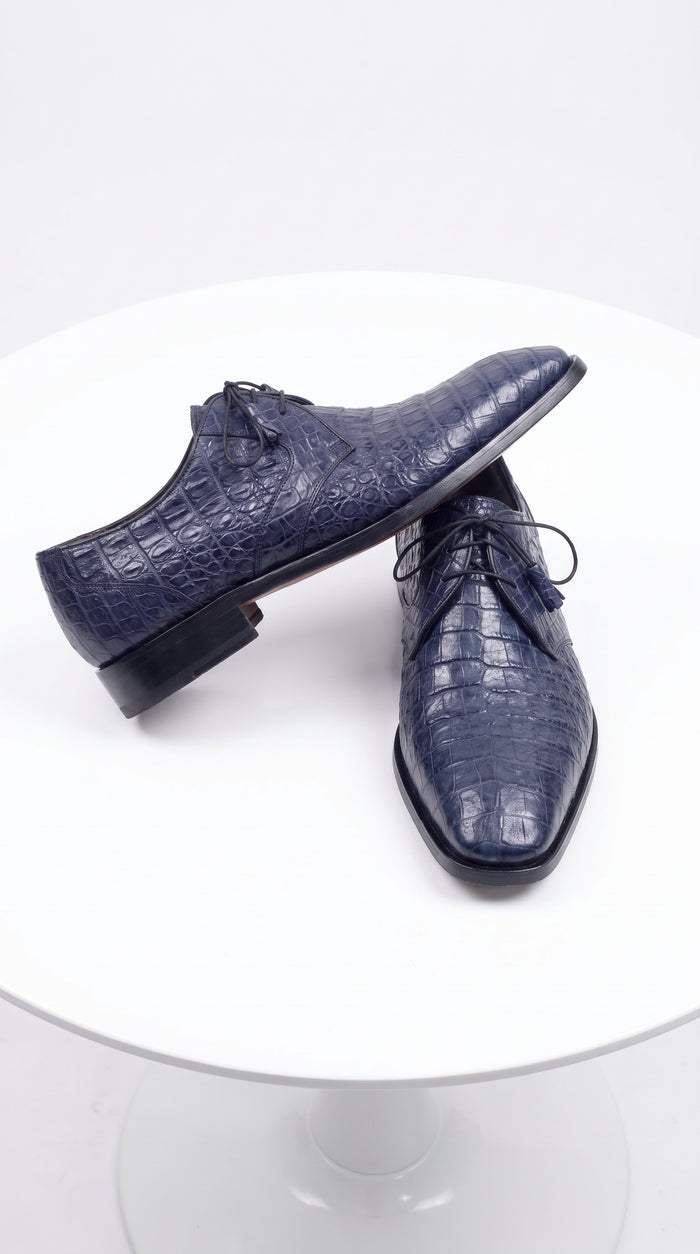 Men’s Navy Blue Full Gator Belly Dress Shoes, Exotic Lace-Up Formal Wedding Business Shoes