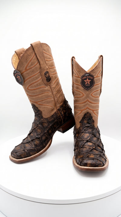 Los Altos Rustic Cognac Pirarucu Square Toe Boots, Exotic Western Cowboy Dress Boots