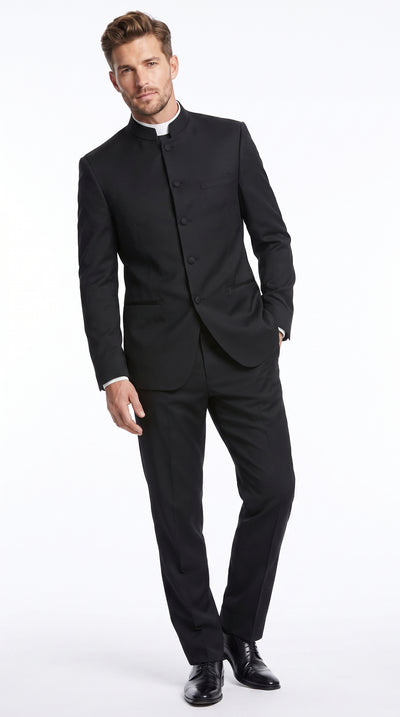 Men’s Black Mandarin Banded Collar Tuxedo, 5 Button Formal Wedding Prom Suit