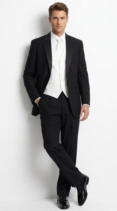 Men’s Black Super 120s Tuxedo Package Deal, 2 Button Formal Suit with White Shirt, Tie and Vest