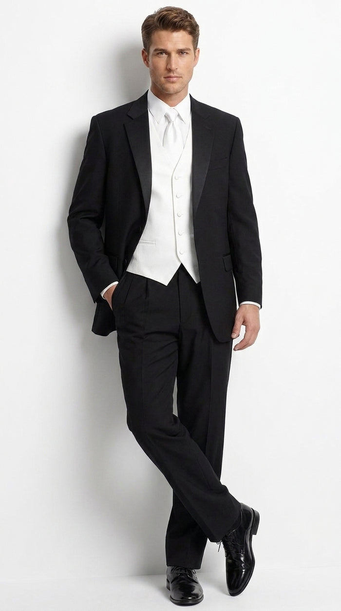 Men’s Black Super 120s Tuxedo Package Deal, 2 Button Formal Suit with White Shirt, Tie and Vest