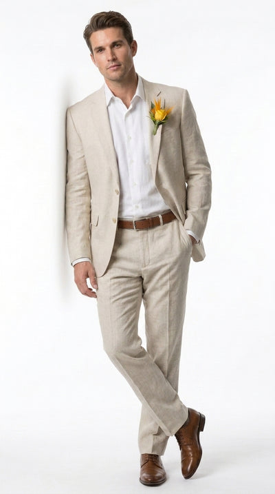 Men’s Sand Linen Suit, Summer Beach Wedding Formal Resort Suit for Men