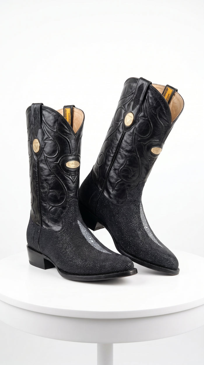 Men’s Black Genuine Stingray Mantarraya Cowboy Boots, Handmade J Toe Exotic Western Dress Boots