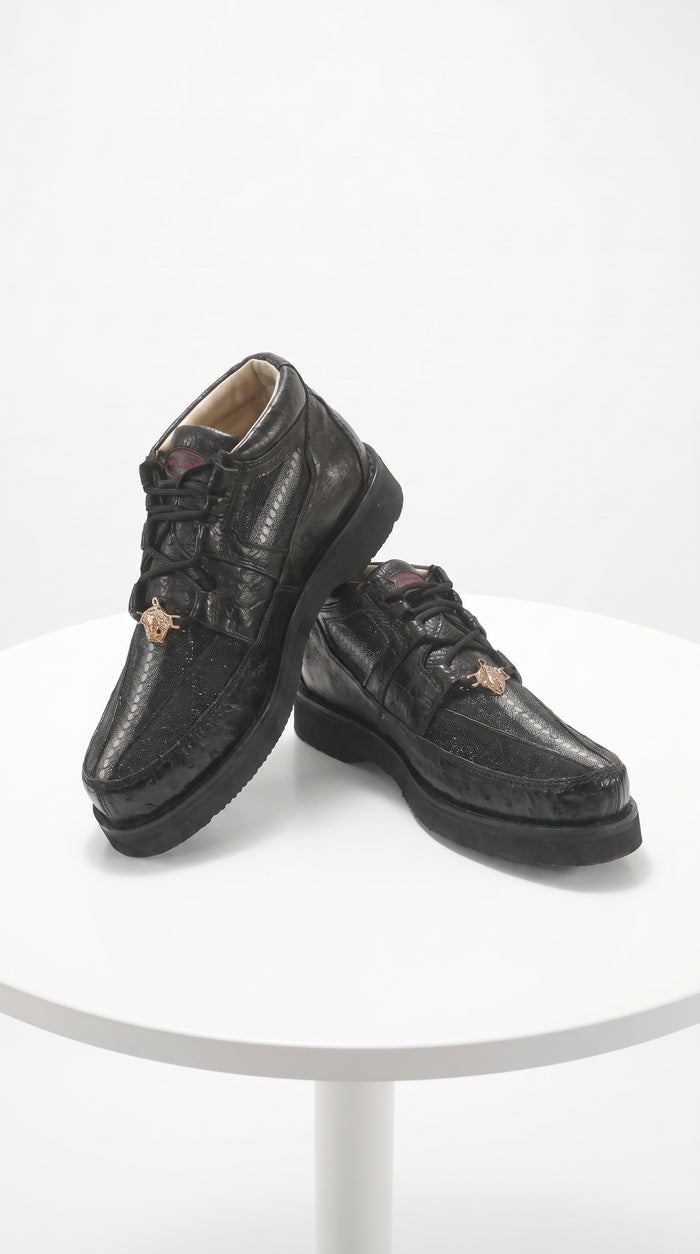 Men’s Black Stingray and Ostrich Casual Shoes, Exotic Lace-Up Dress Casual Shoes