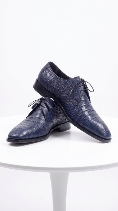 Men’s Navy Blue Full Gator Belly Dress Shoes, Exotic Lace-Up Formal Wedding Business Shoes