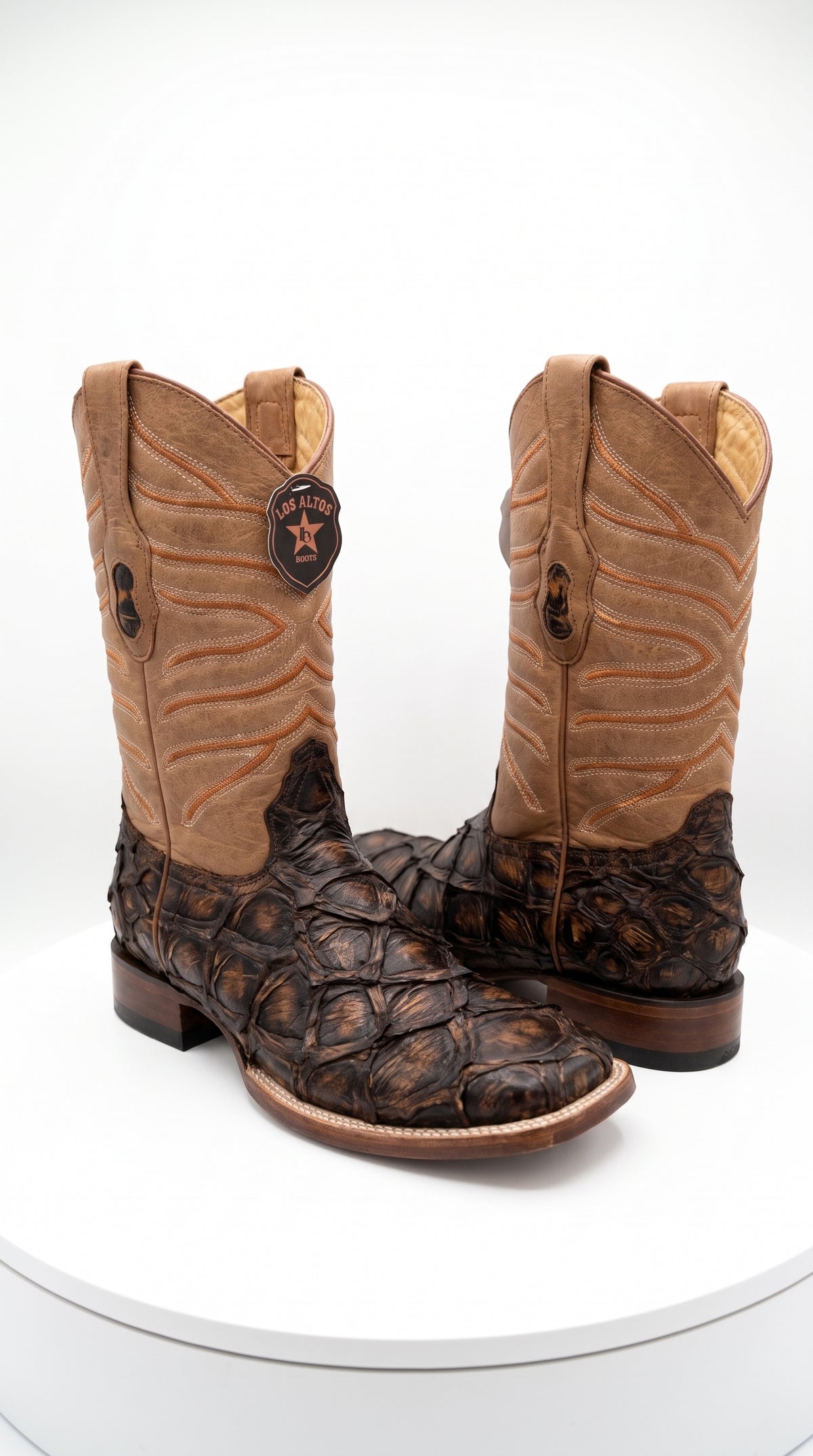 Los Altos Rustic Cognac Pirarucu Square Toe Boots, Exotic Western Cowboy Dress Boots