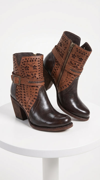 Women’s Quincy Brown Leather Ankle Boots, Oval Toe Short Fashion Boots with Buckle Detail