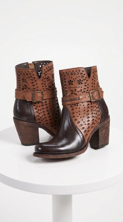 Women’s Quincy Brown Leather Ankle Boots, Oval Toe Short Fashion Boots with Buckle Detail