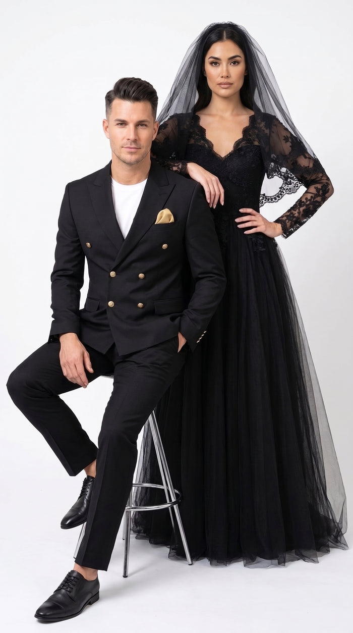 Men’s Black Double Breasted Blazer with Gold Buttons, Formal Sport Coat for Wedding and Business