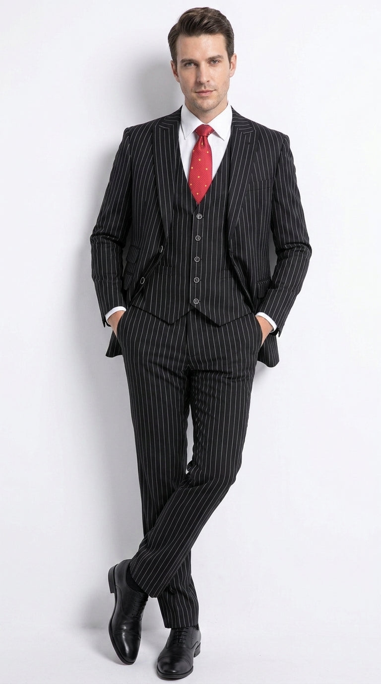 Men’s Black Pinstripe 1920s Gangster Suit with Vest, Formal Vintage Party Dress Suit