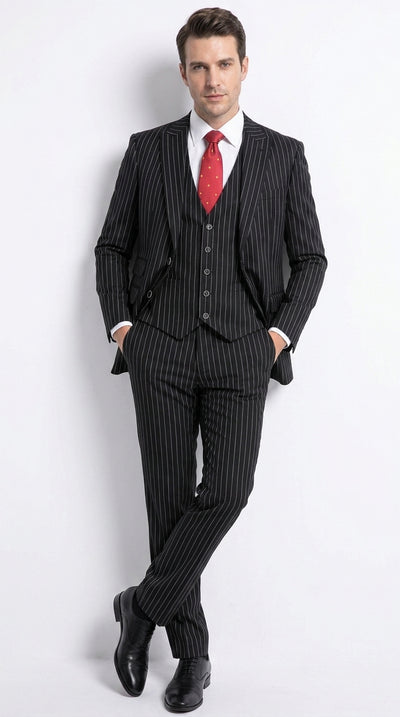 Men’s Black Pinstripe 1920s Gangster Suit with Vest, Formal Vintage Party Dress Suit