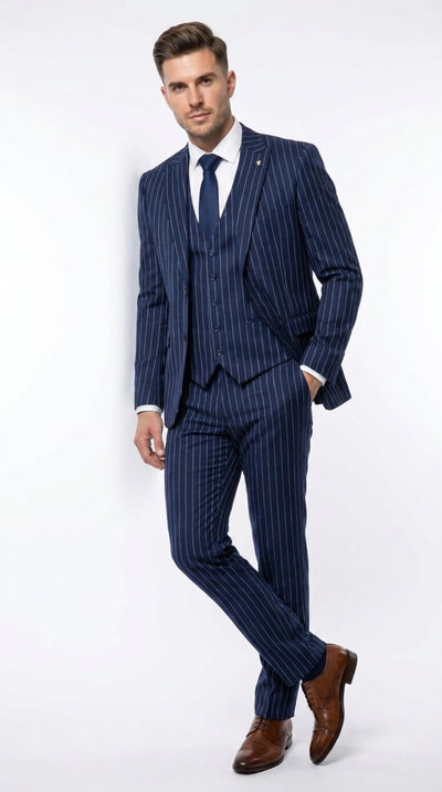 Men’s Navy Pinstripe 3 Piece Gangster Suit, Vintage 1920s Formal Dress Suit with Vest