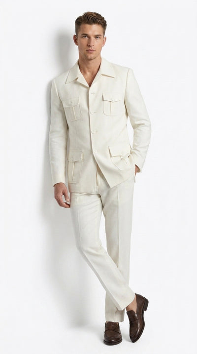 Men’s Off White Casual Safari Suit BP8102, Pocket Front Shirt Jacket and Pants Set
