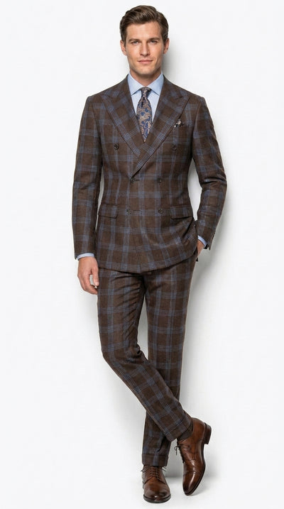 Statement Men’s Brown Plaid Double Breasted Suit, 2 Piece 100% Wool Modern Fit Dress Suit
