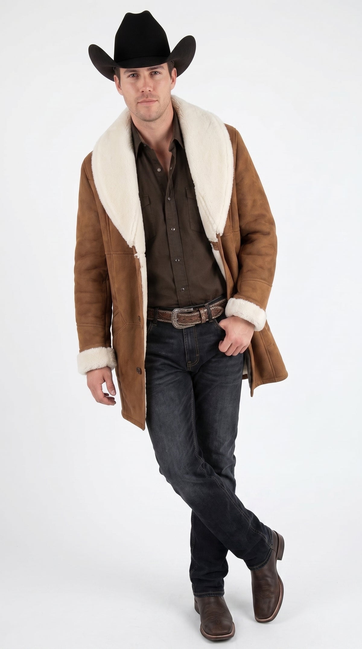 Men’s Long Brown Sheepskin Western Jacket, Cowboy Sherpa Style Ranch Coat