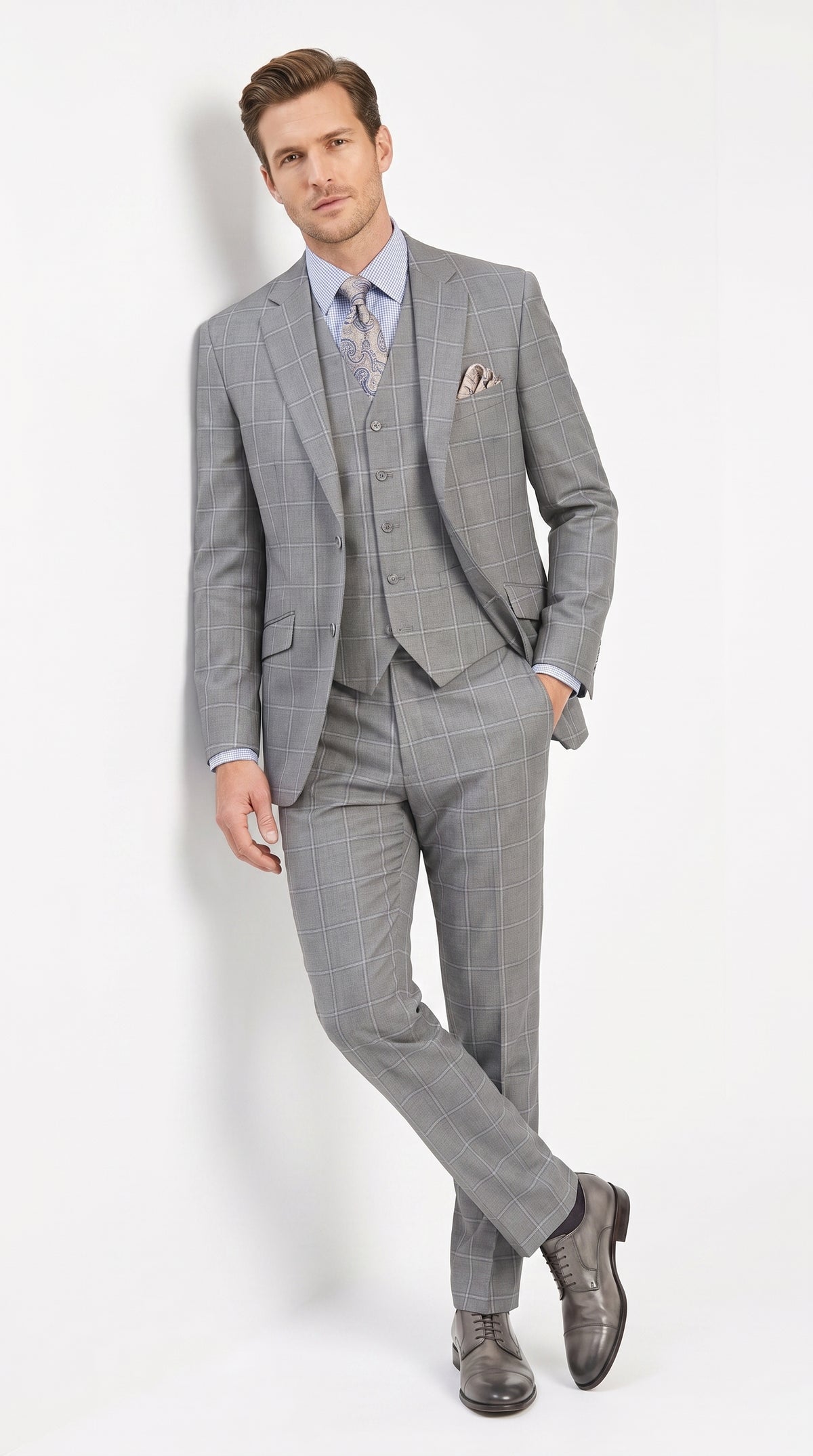 Men’s Light Grey Windowpane Plaid Suit, 1920s Inspired 3 Piece Formal Wedding Dress Suit