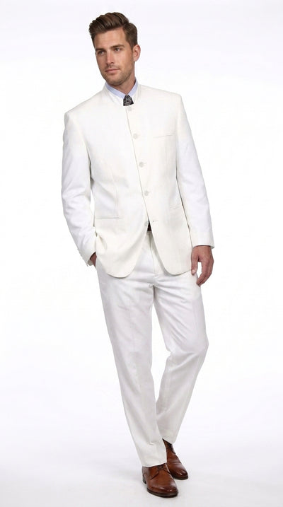 Men’s White 5 Button Mandarin Collar Suit, Designer Brand All White Formal Wedding Dress Suit