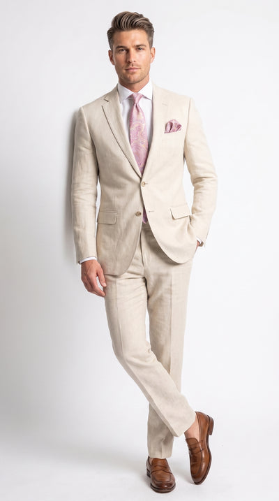 Men’s Natural Linen 2 Piece Suit, Two Button Regular Fit Summer Wedding Dress Suit