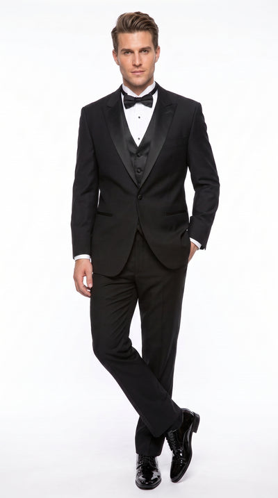 Men’s Black 1 Button Wide Satin Peak Lapel Tuxedo, Classic Formal Wedding Prom Suit
