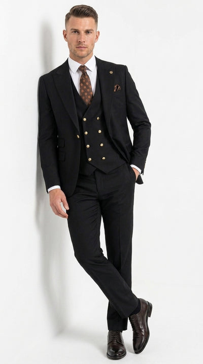 Men’s Black Wool Suit with Gold Buttons, One Button Formal Wedding Business Suit with Double Breasted Vest
