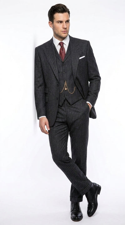 Men’s Michael Gray 1920s Pinstripe Gangster Suit, Vintage 3 Piece Formal Dress Suit