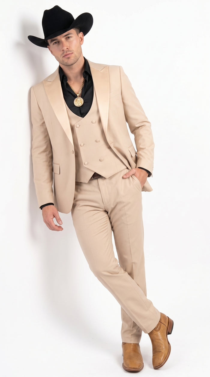 Men’s Light Beige Western 3 Piece Suit, Cowboy Tuxedo with Shawl Lapel Formal Wedding Outfit
