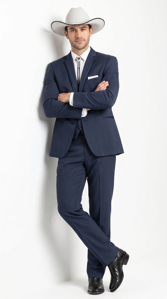 Men’s Navy Cowboy Tuxedo with Satin Lapel, Western Formal Wedding Suit with Vest