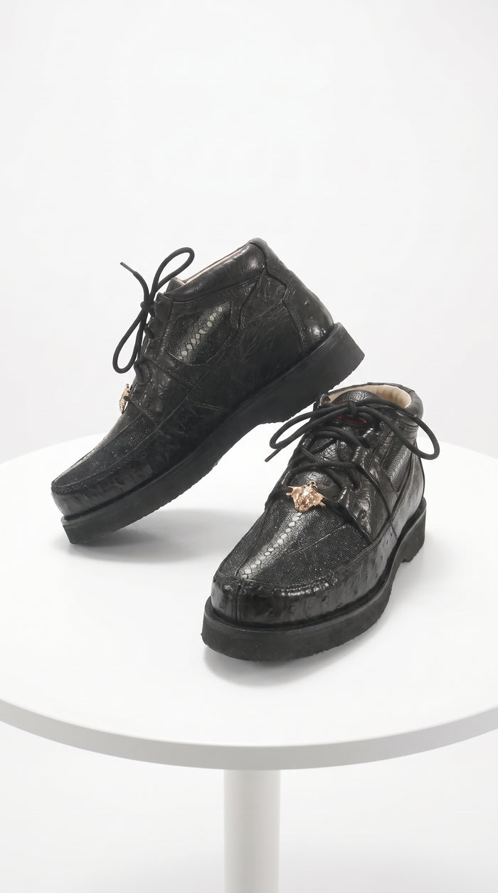 Men’s Black Stingray and Ostrich Casual Shoes, Exotic Lace-Up Dress Casual Shoes