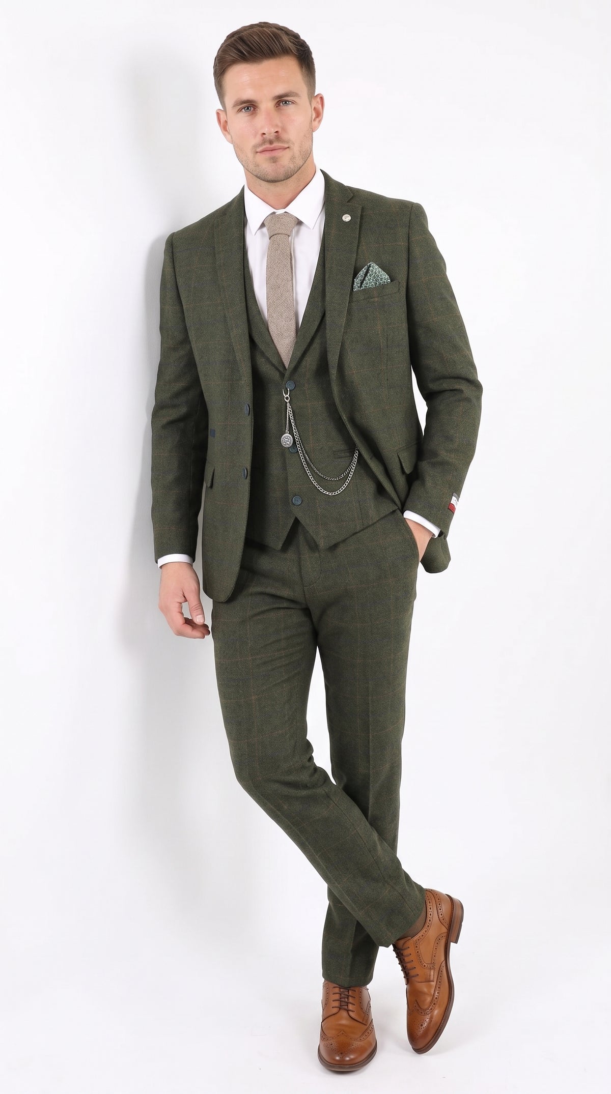 Men’s Olive Wool Tweed 3 Piece Suit, Double Breasted Vest 1920s Vintage Formal Suit