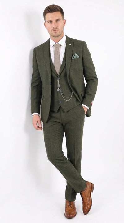 Men’s Olive Wool Tweed 3 Piece Suit, Double Breasted Vest 1920s Vintage Formal Suit