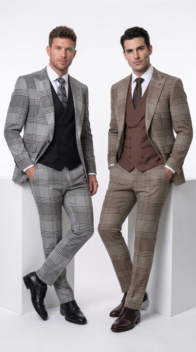 Statement Men’s Grey Plaid 3 Piece Wool Suit, Modern Fit Peak Lapel Suit with Double Breasted Vest